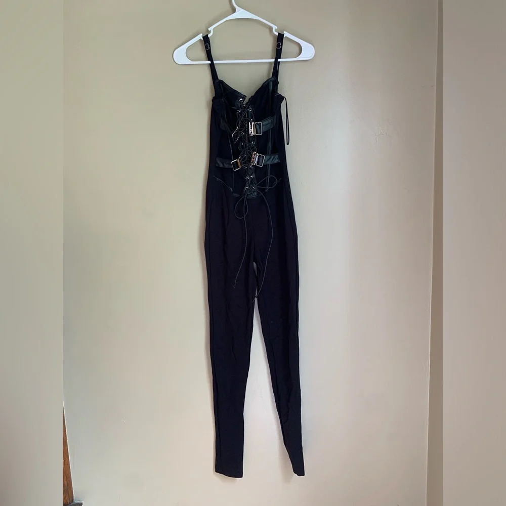 KimCine Curve Corset Jumpsuit, black, leather straps buckles goth size s/m